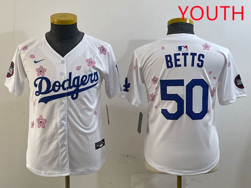 Youth Los Angeles Dodgers #50 Betts White Sakura Edition 2025 Nike MLB Jersey style 1